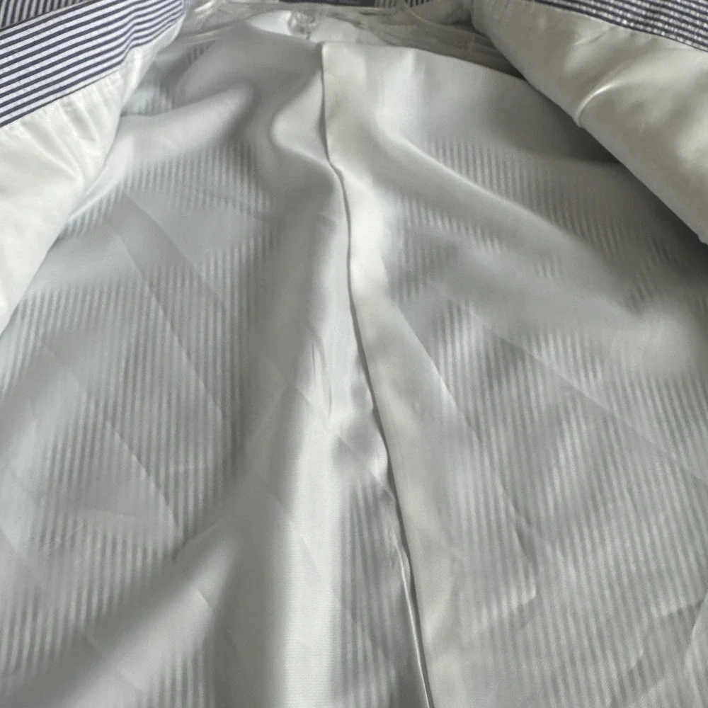 Alan Flusser Preppy Coastal Mens Seersucker Sport Coat 42L Blue Striped Cotton
